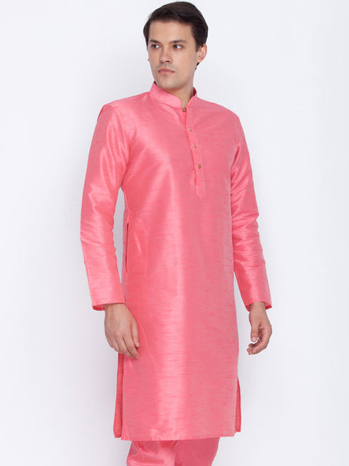 VASTRAMAY Men's Pink Cotton Silk Blend Kurta